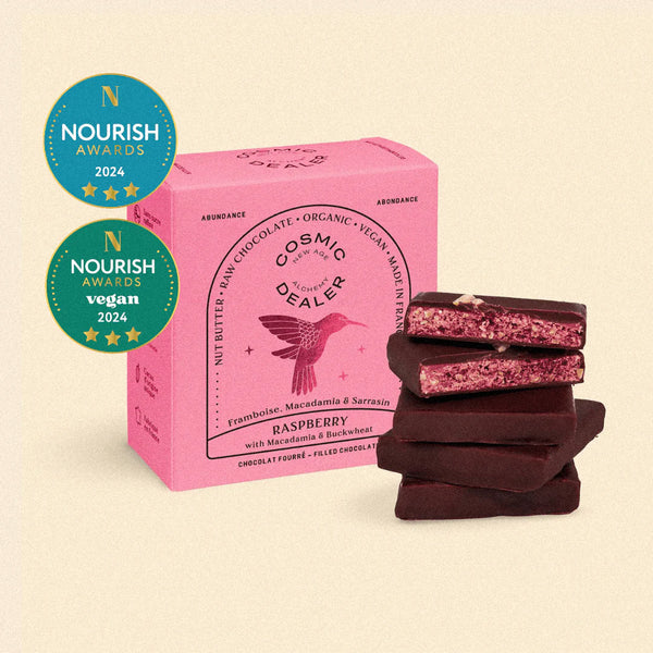 Cosmic Dealer Raspberry & Buckwheat - Caja de 4 Chocolates Frambuesa & Macadamia 4 x 20gr